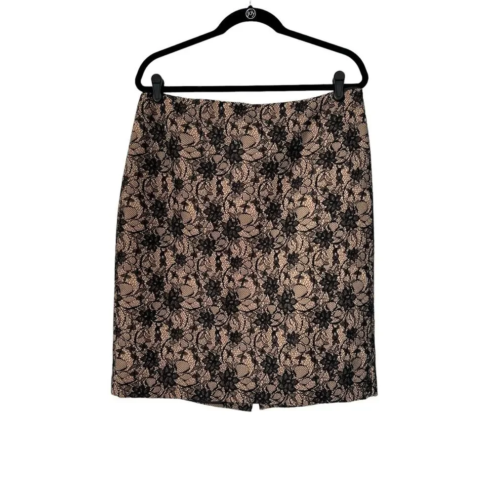 Talbots Pencil Skirt Size 14 Black Tan Floral‎ Lace Overlay Back Split Office